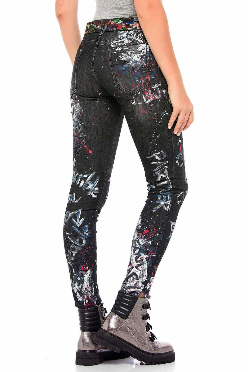 WD389 Women's slim-fit jeans with unique paint elements in straight fit