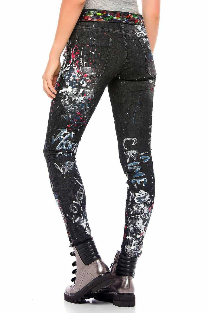 WD389 Women's slim-fit jeans with unique paint elements in straight fit
