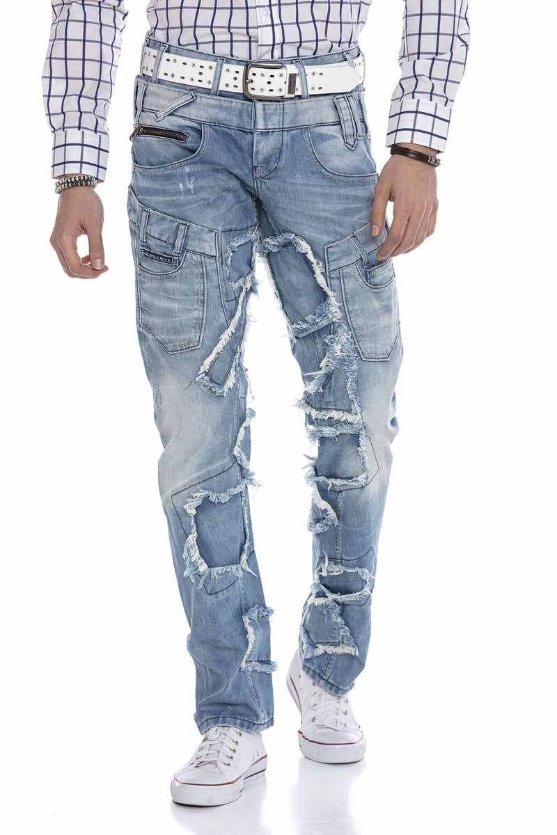 CD617 Men's comfortable jeans in a trendy patchwork design