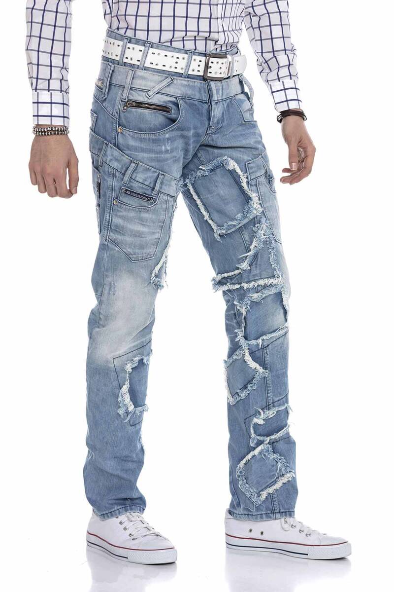 CD617 Men's comfortable jeans in a trendy patchwork design