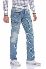 CD617 Men's comfortable jeans in a trendy patchwork design