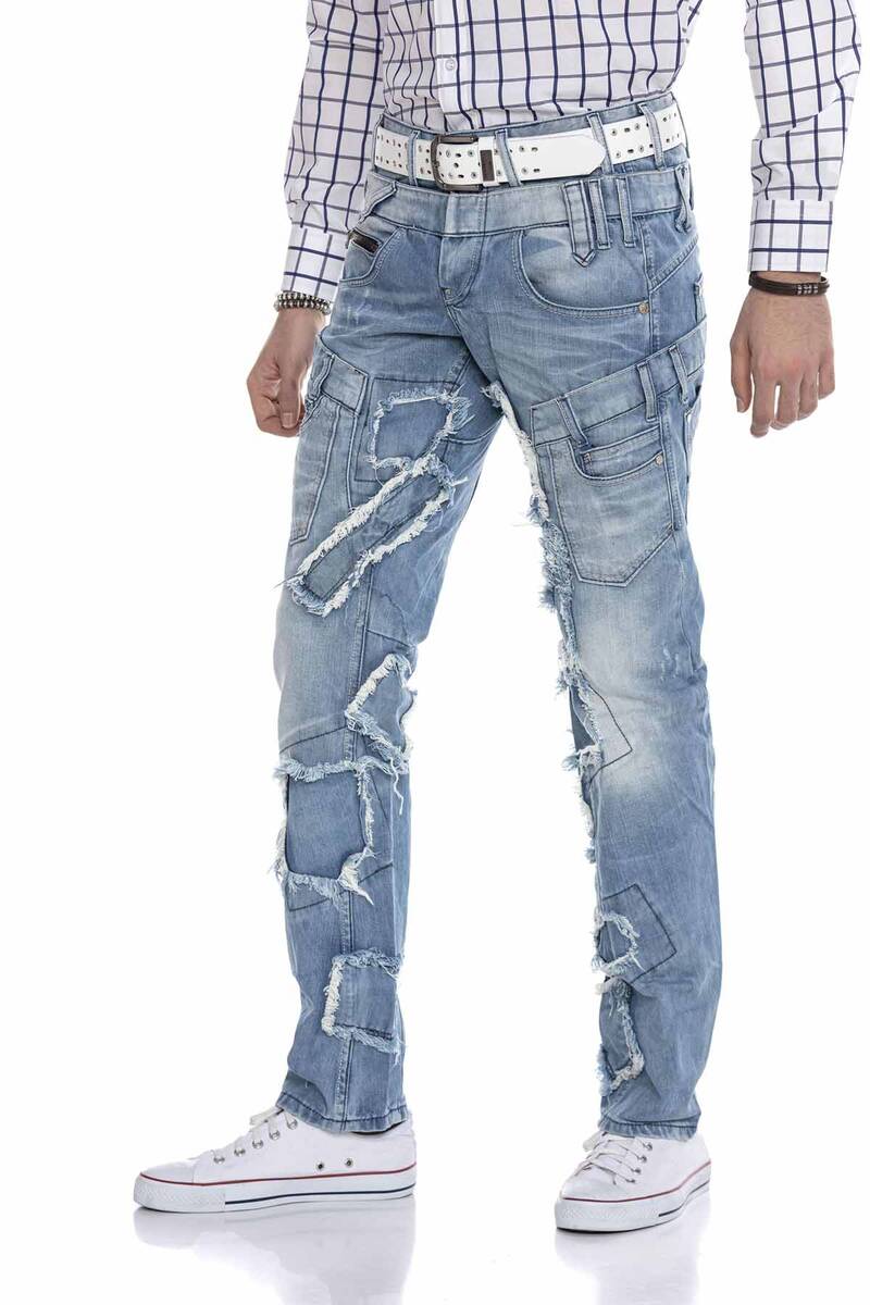 CD617 Men's comfortable jeans in a trendy patchwork design