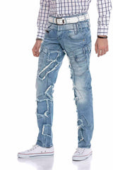 CD617 Men's comfortable jeans in a trendy patchwork design