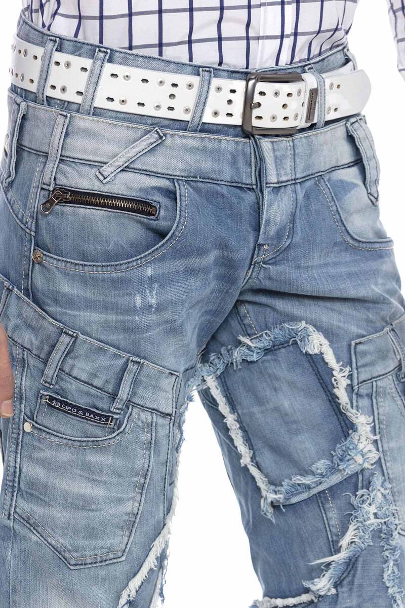 CD617 Men's comfortable jeans in a trendy patchwork design