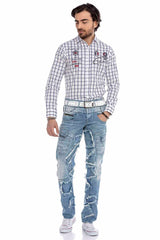 CD617 Men's comfortable jeans in a trendy patchwork design