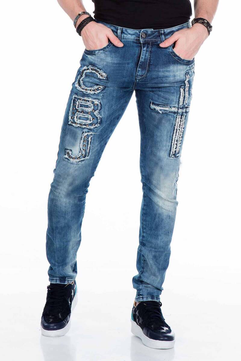 CD431 Men's slim-fit jeans with rivets and patches in straight fit