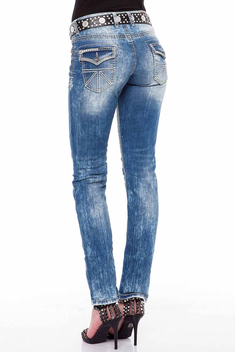 WD201 Women's Slim-Fit Jeans with White Stitching in Straight Fit