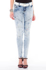 WD367 Women's Jeans – Slim Fit with white side stripes and used wash