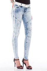 WD367 Women's Jeans – Slim Fit with white side stripes and used wash