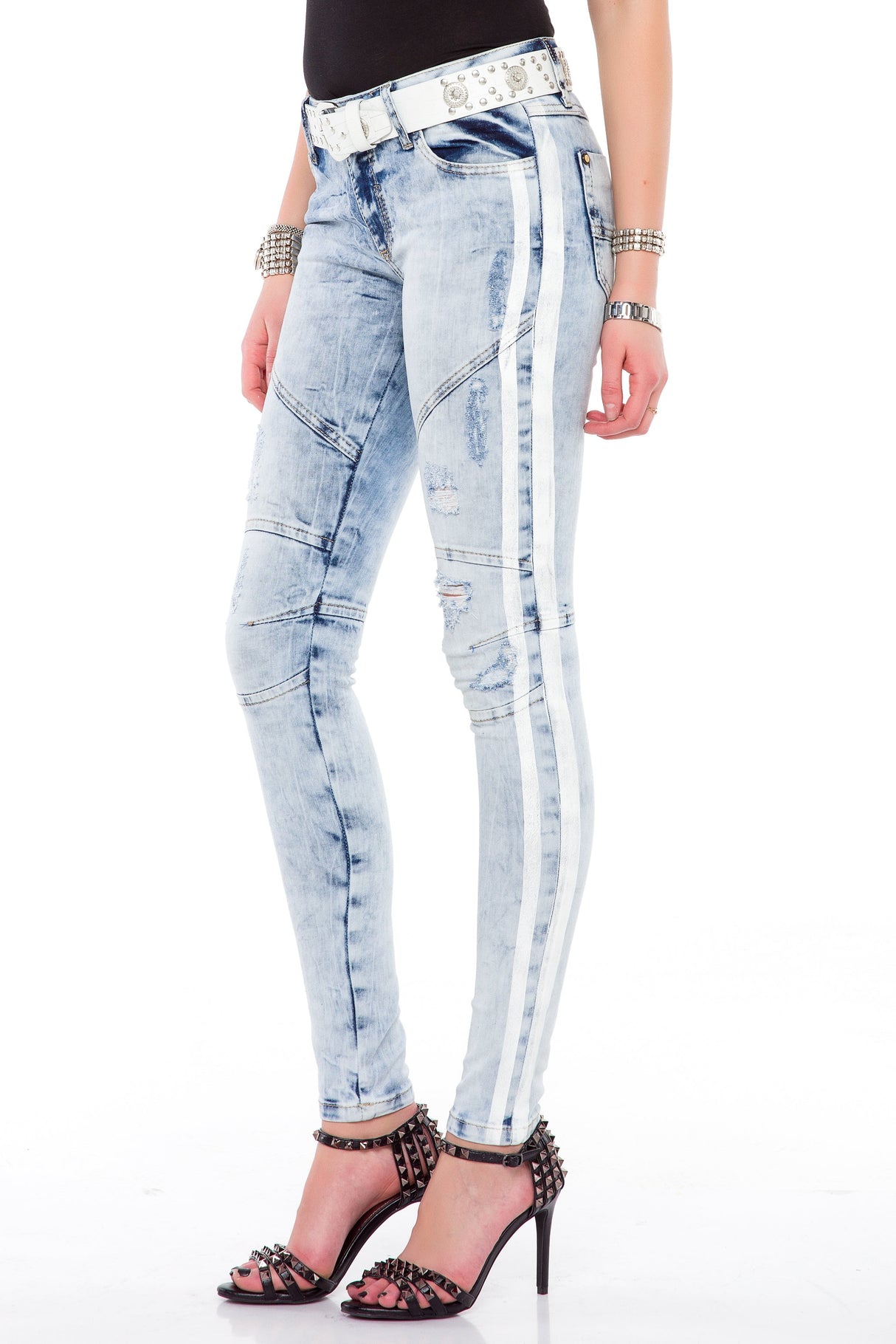WD367 Women's Jeans – Slim Fit with white side stripes and used wash