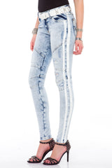 WD367 Women's Jeans – Slim Fit with white side stripes and used wash