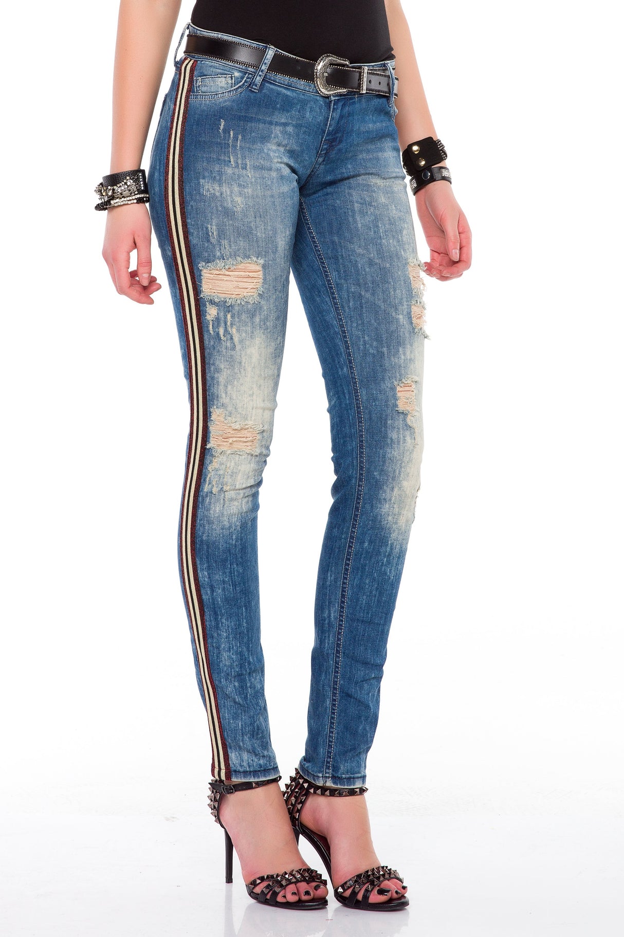 WD369 Women's Jeans with Side Stripes and Used Wash