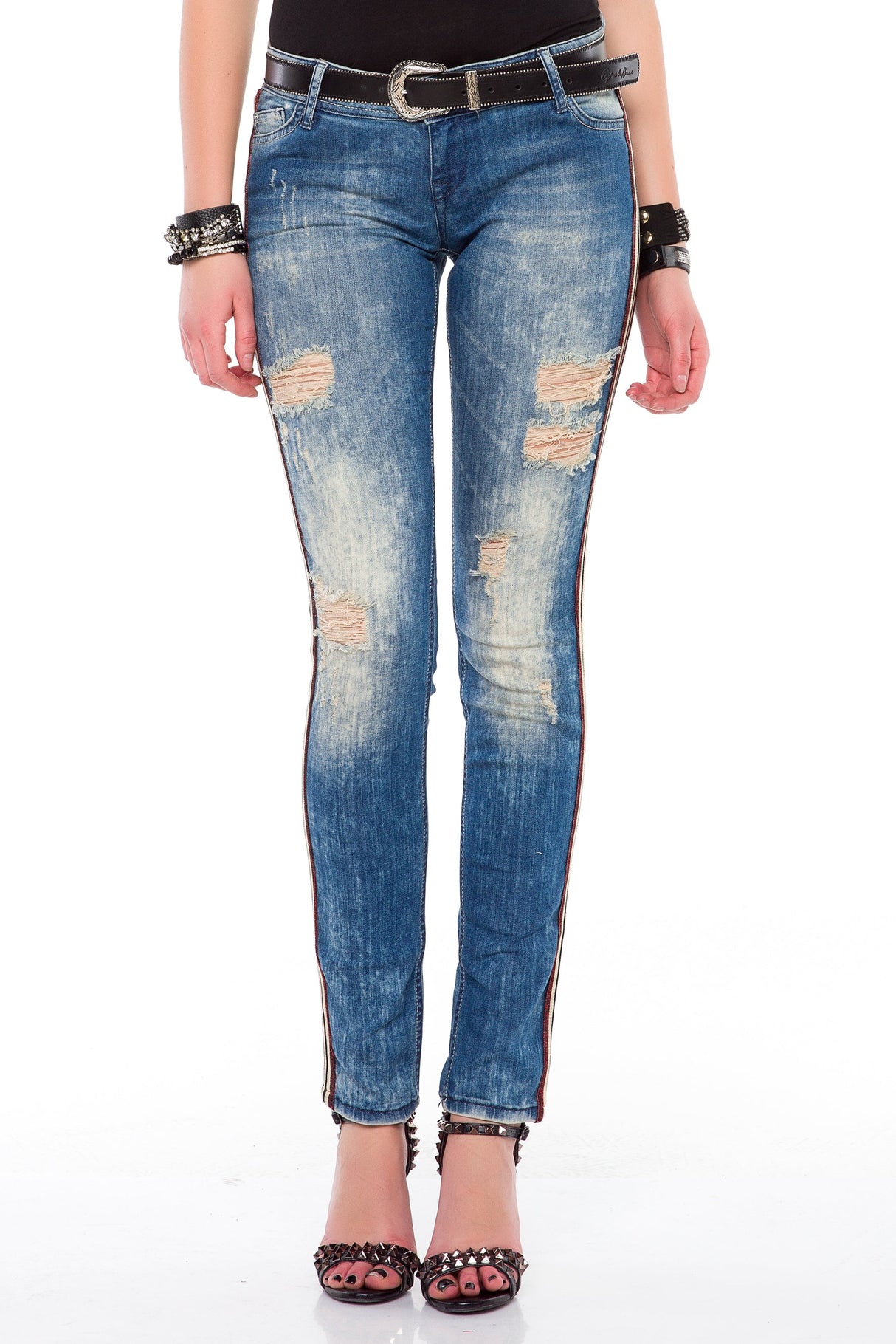 WD369 Women's Jeans with Side Stripes and Used Wash
