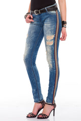 WD369 Women's Jeans with Side Stripes and Used Wash