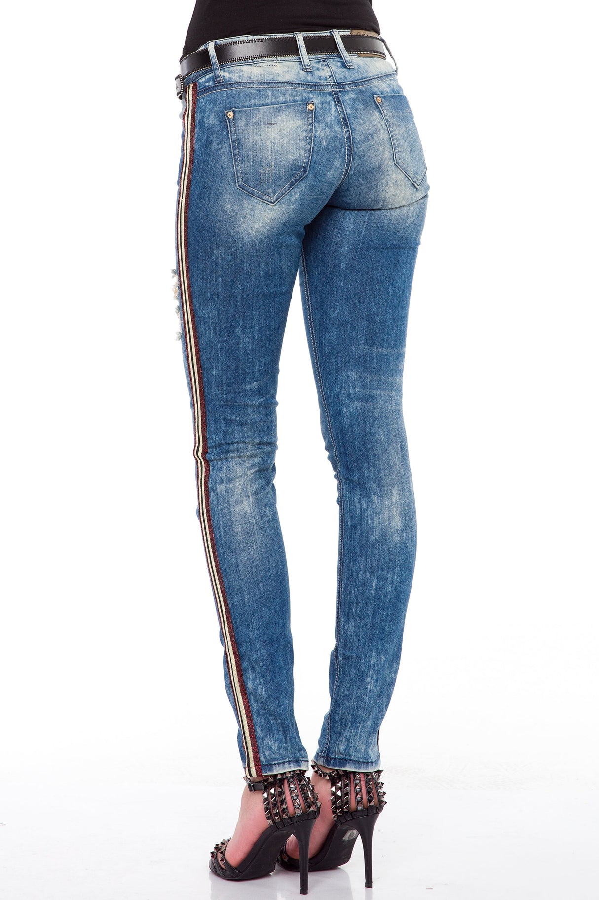 WD369 Women's Jeans with Side Stripes and Used Wash