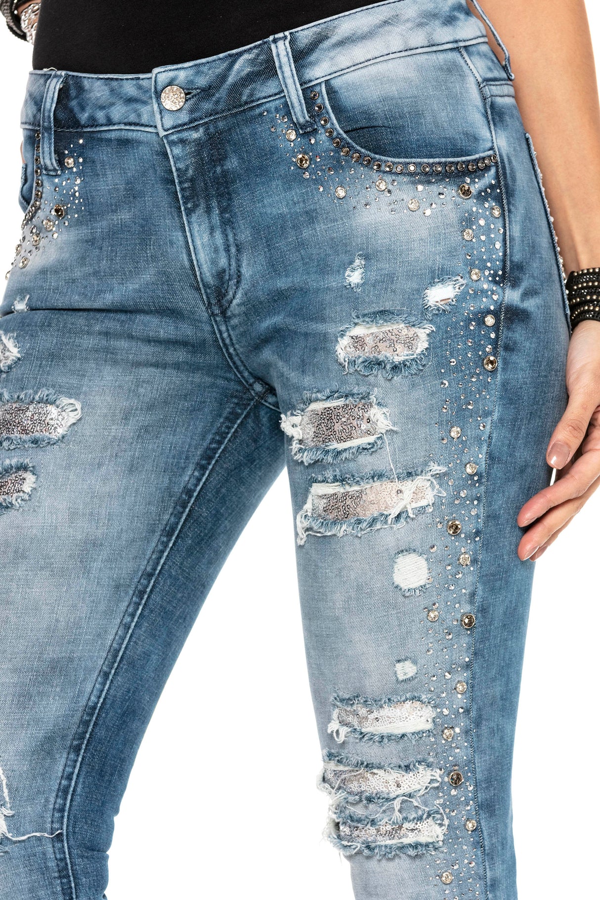 WD406 Women's Jeans – Rhinestone-Destroyed Style with Special Wash