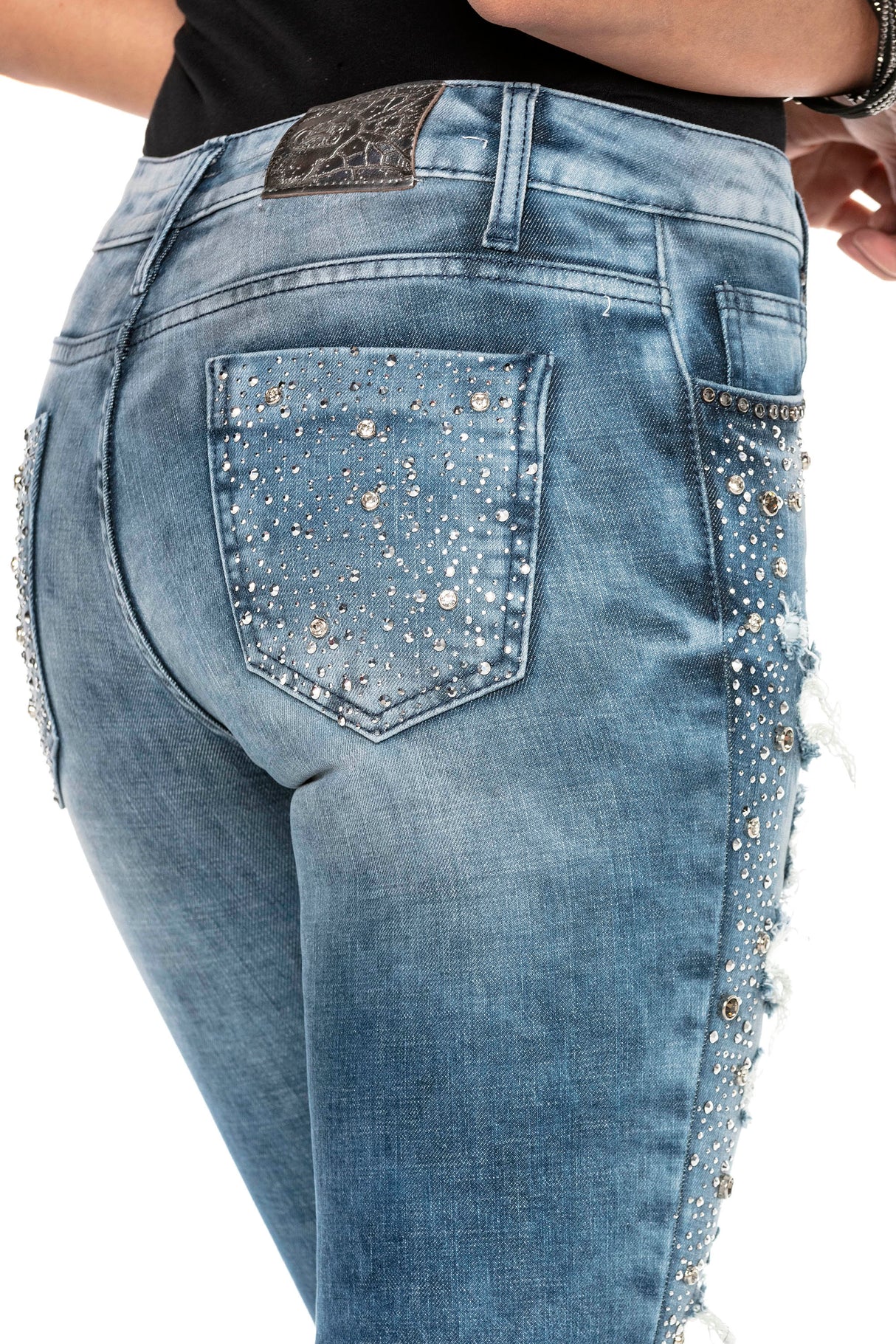 WD406 Women's Jeans – Rhinestone-Destroyed Style with Special Wash