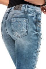 WD406 Women's Jeans – Rhinestone-Destroyed Style with Special Wash