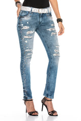 WD406 Women's Jeans – Rhinestone-Destroyed Style with Special Wash