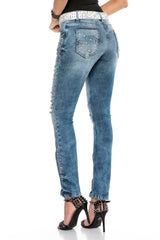 WD406 Women's Jeans – Rhinestone-Destroyed Style with Special Wash