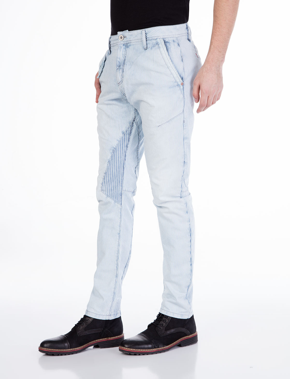 CD268 Men's Jeans – Ice Blue Slim Fit Denim with Stripe Texture & Patch Detail | Lightweight Summer Jeans for Everyday Wear & Streetwear
