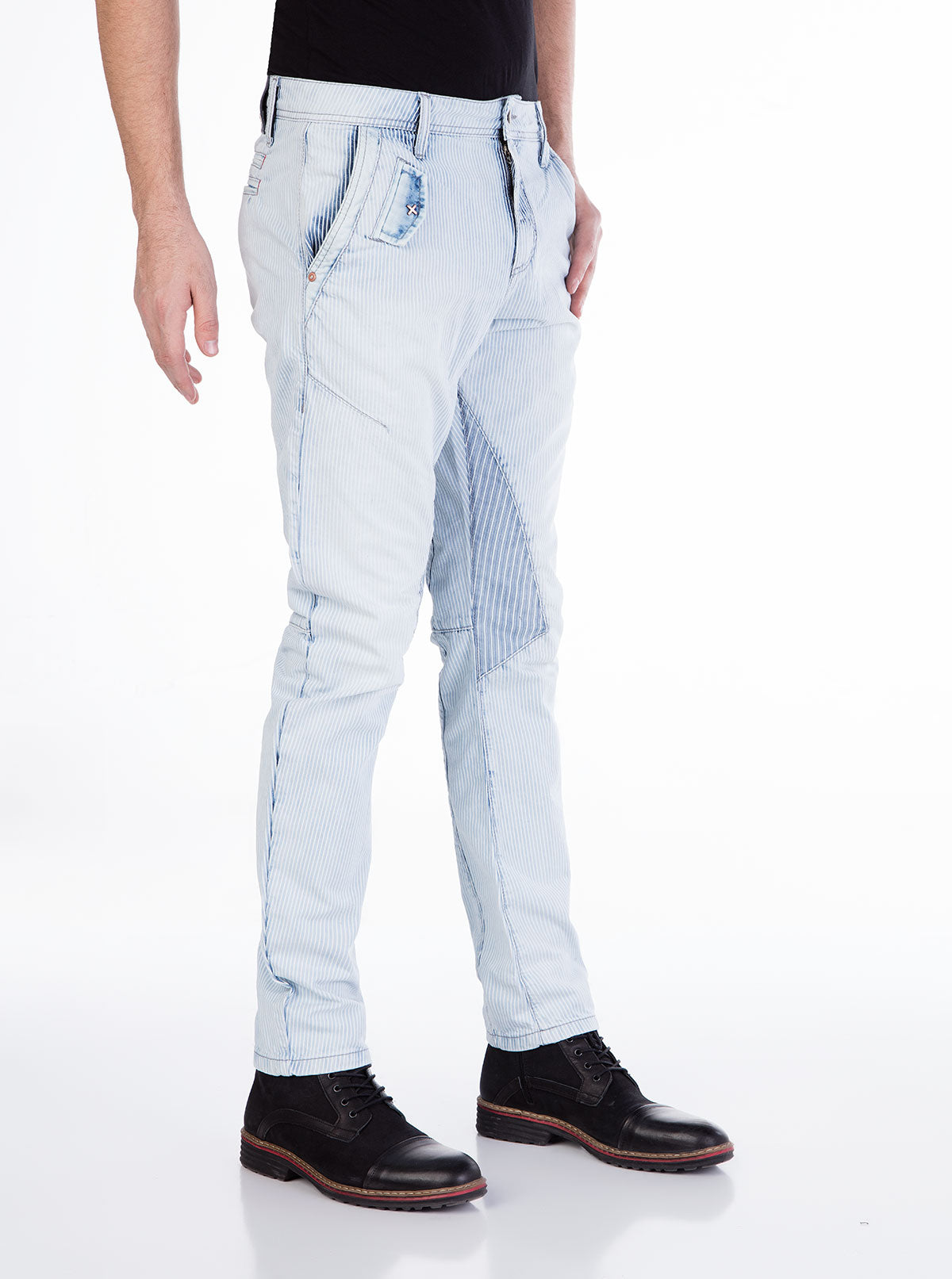 CD268 Men's Jeans – Ice Blue Slim Fit Denim with Stripe Texture & Patch Detail | Lightweight Summer Jeans for Everyday Wear & Streetwear