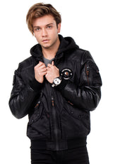 CM134 Men's Winter Jacket – Khaki Hooded Jacket with Black Sleeves & Zipper Details | Functional Streetwear for Cold Days