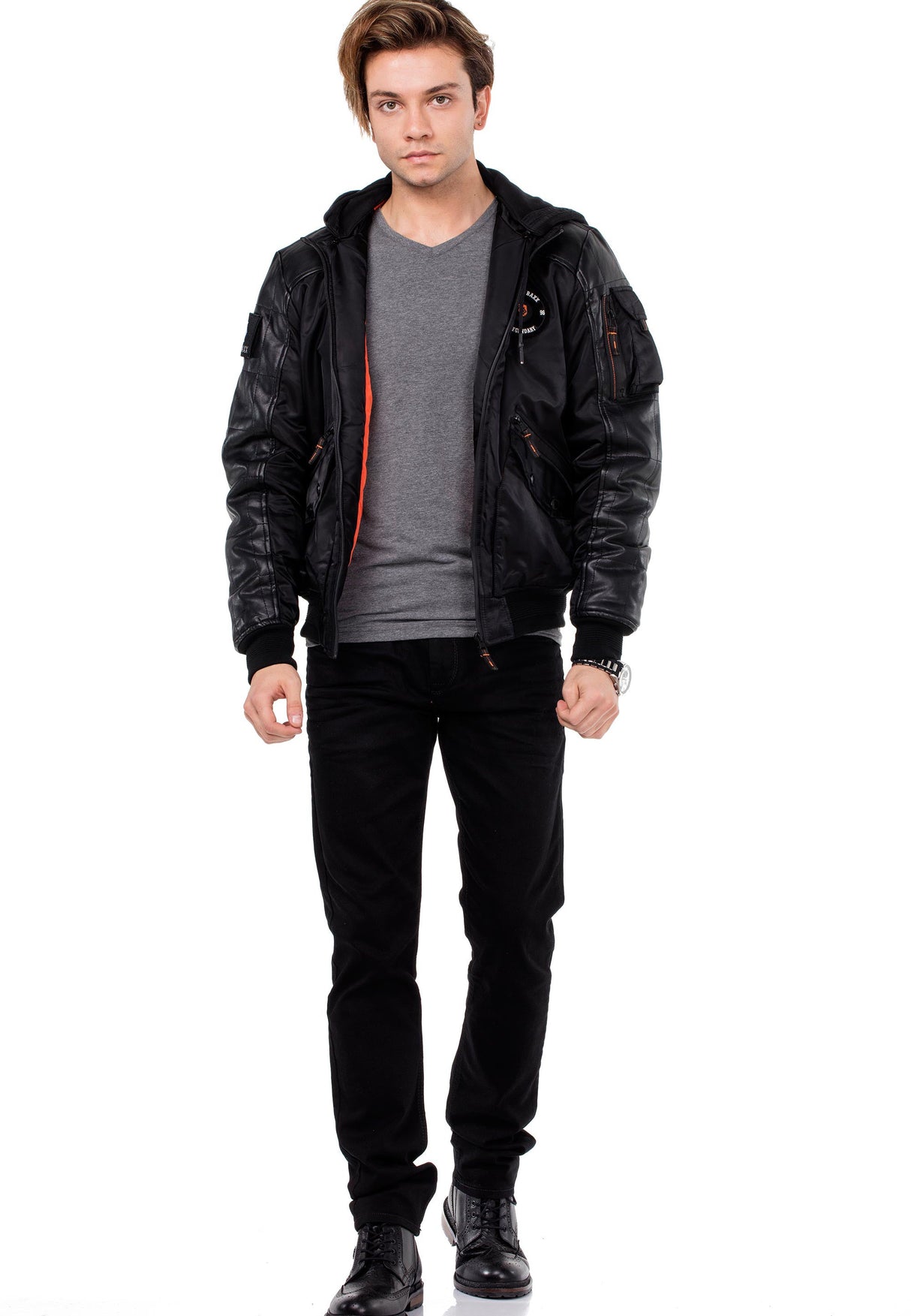 CM134 Men's Winter Jacket – Khaki Hooded Jacket with Black Sleeves & Zipper Details | Functional Streetwear for Cold Days
