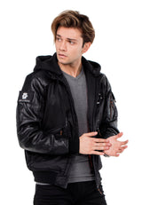 CM134 Men's Winter Jacket – Khaki Hooded Jacket with Black Sleeves & Zipper Details | Functional Streetwear for Cold Days