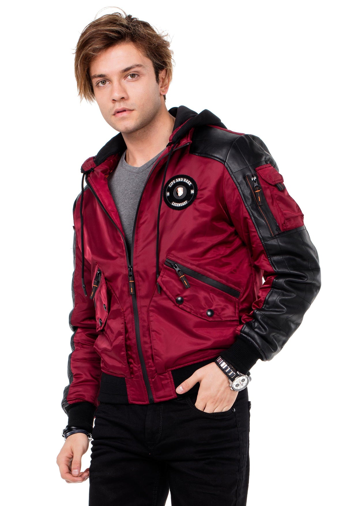 CM134 Men's Winter Jacket – Khaki Hooded Jacket with Black Sleeves & Zipper Details | Functional Streetwear for Cold Days