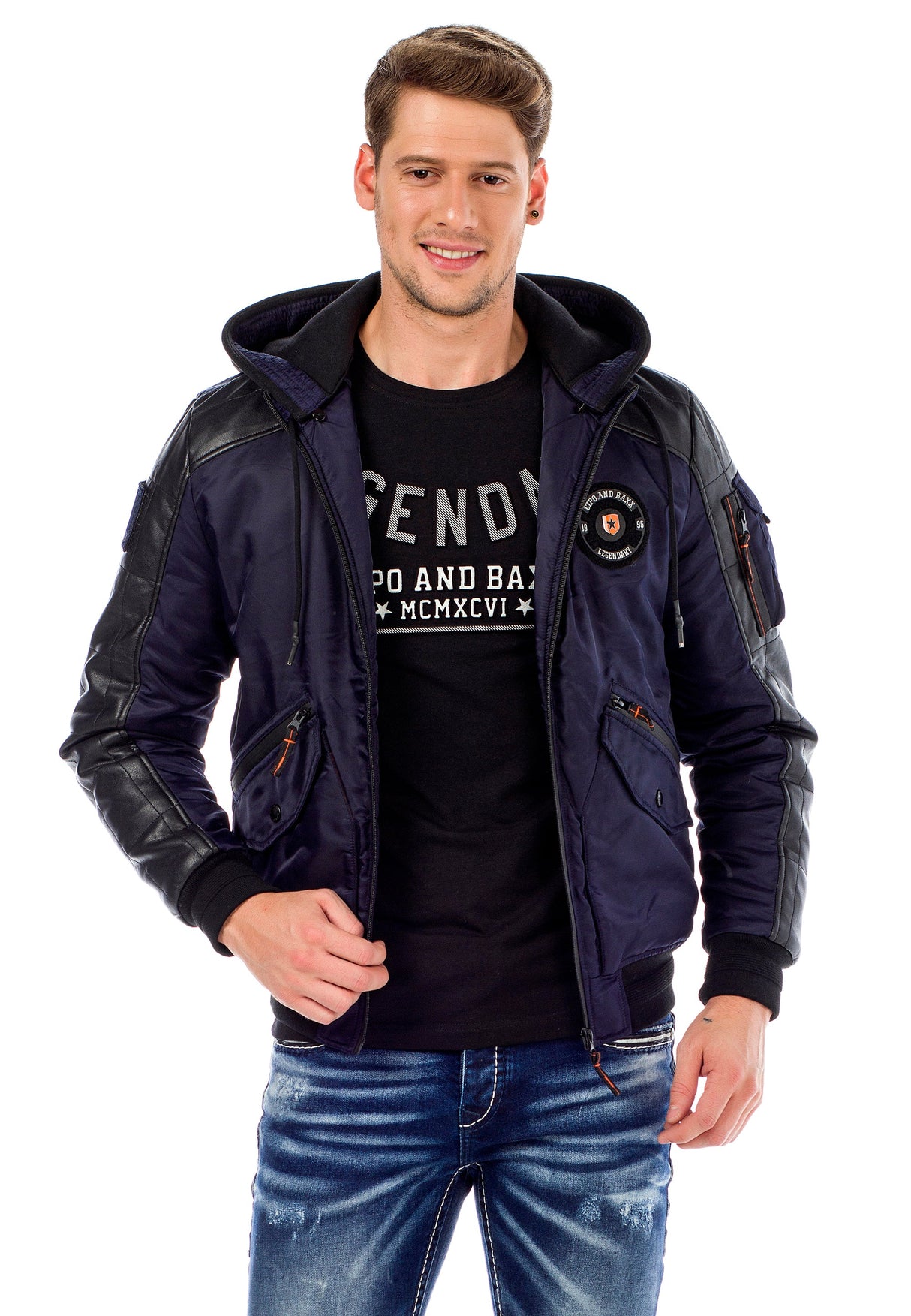 CM134 Men's Winter Jacket – Khaki Hooded Jacket with Black Sleeves & Zipper Details | Functional Streetwear for Cold Days