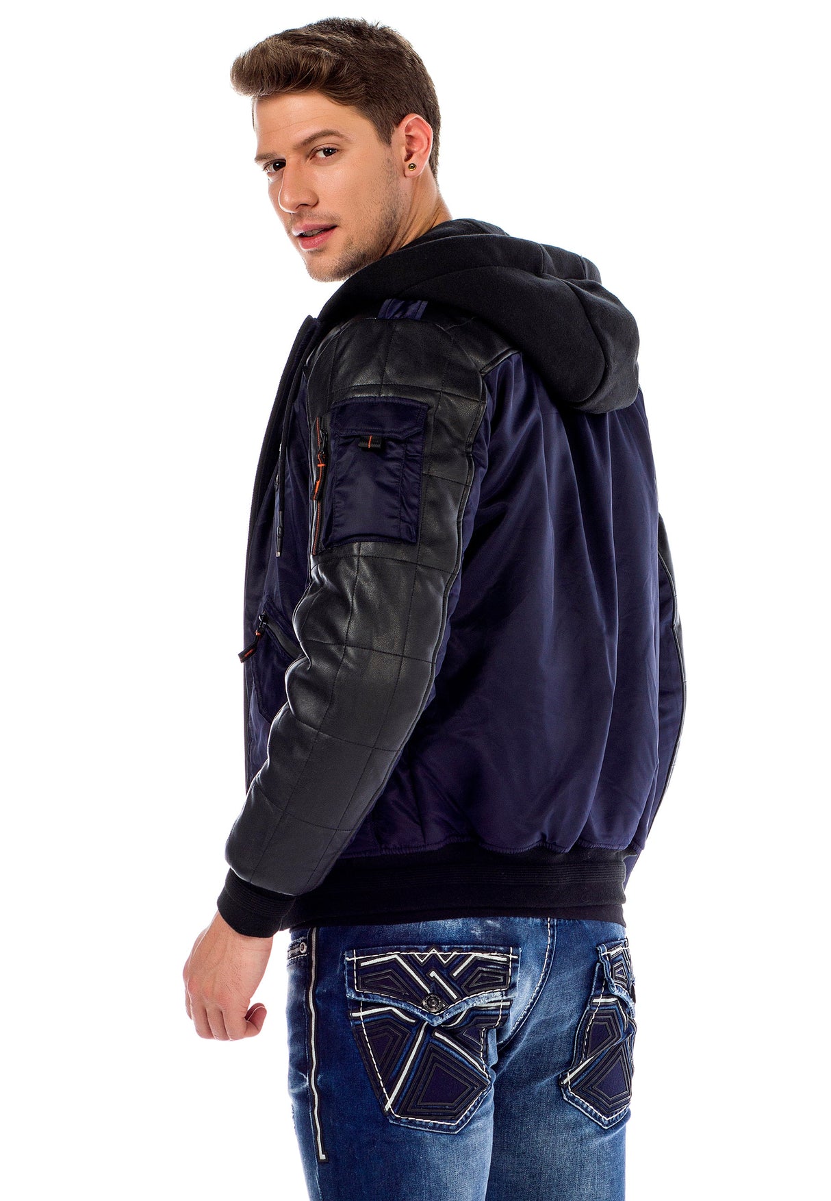 CM134 Men's Winter Jacket – Khaki Hooded Jacket with Black Sleeves & Zipper Details | Functional Streetwear for Cold Days
