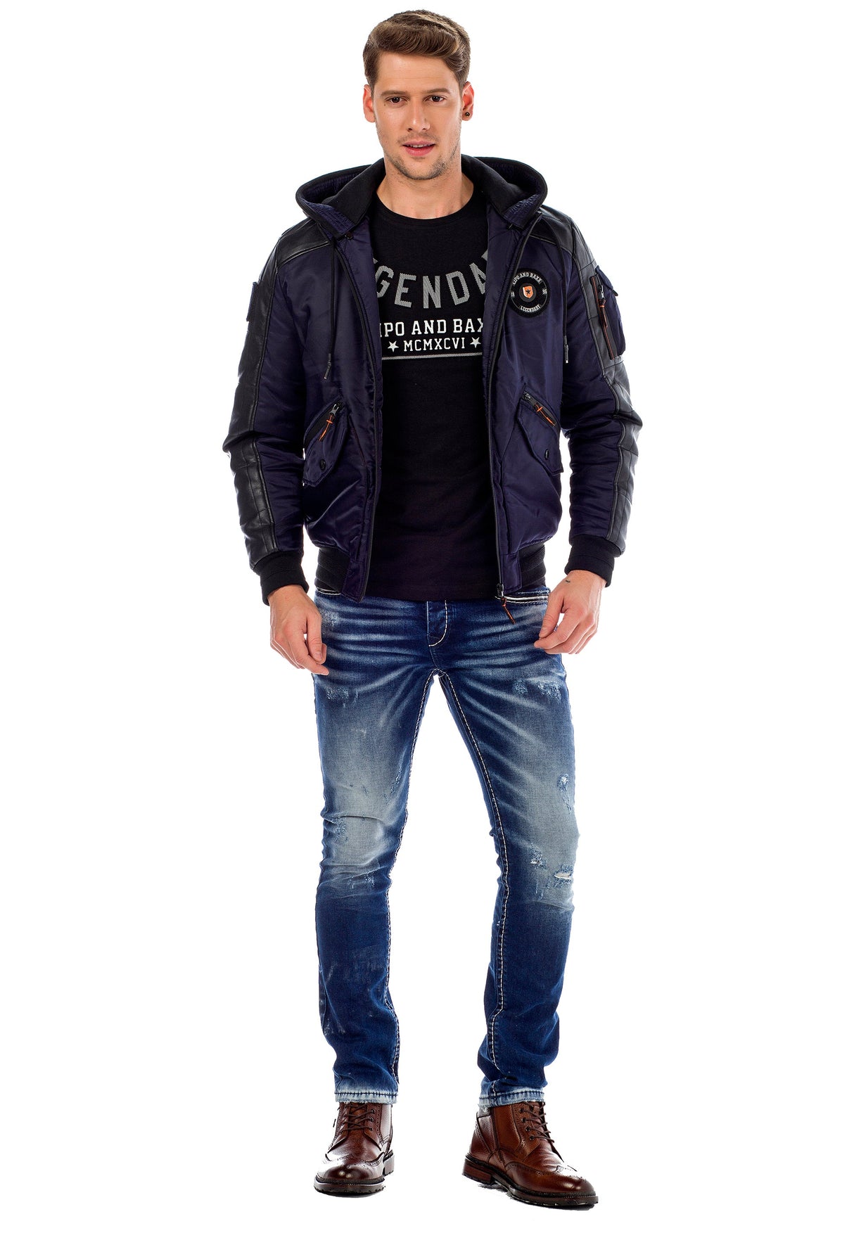 CM134 Men's Winter Jacket – Khaki Hooded Jacket with Black Sleeves & Zipper Details | Functional Streetwear for Cold Days
