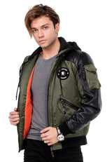 CM134 Men's Winter Jacket – Khaki Hooded Jacket with Black Sleeves & Zipper Details | Functional Streetwear for Cold Days