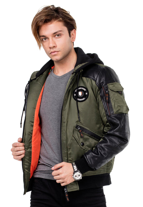 CM134 Men's Winter Jacket – Khaki Hooded Jacket with Black Sleeves & Zipper Details | Functional Streetwear for Cold Days