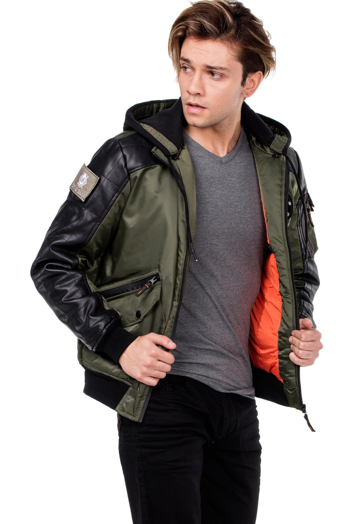 CM134 Men's Winter Jacket – Khaki Hooded Jacket with Black Sleeves & Zipper Details | Functional Streetwear for Cold Days