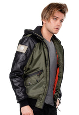 CM134 Men's Winter Jacket – Khaki Hooded Jacket with Black Sleeves & Zipper Details | Functional Streetwear for Cold Days