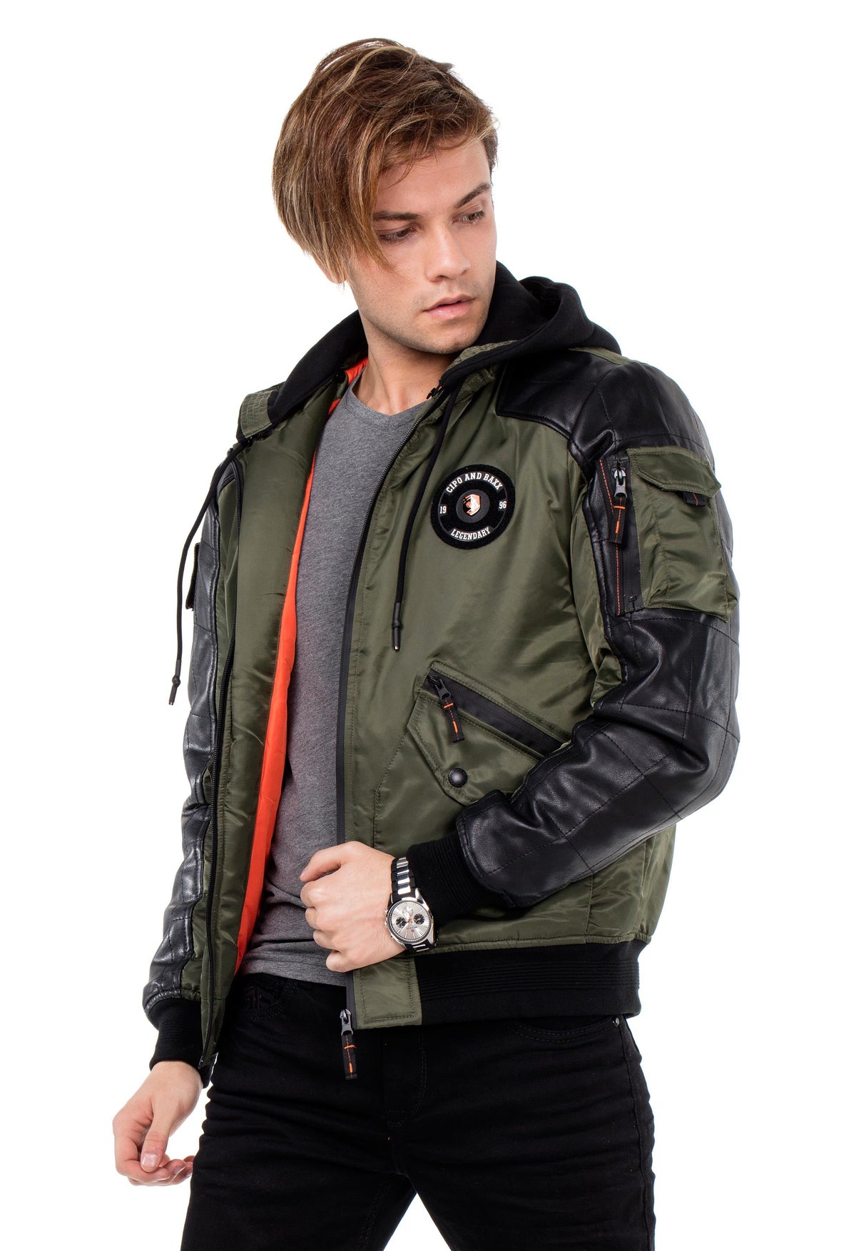 CM134 Men's Winter Jacket – Khaki Hooded Jacket with Black Sleeves & Zipper Details | Functional Streetwear for Cold Days