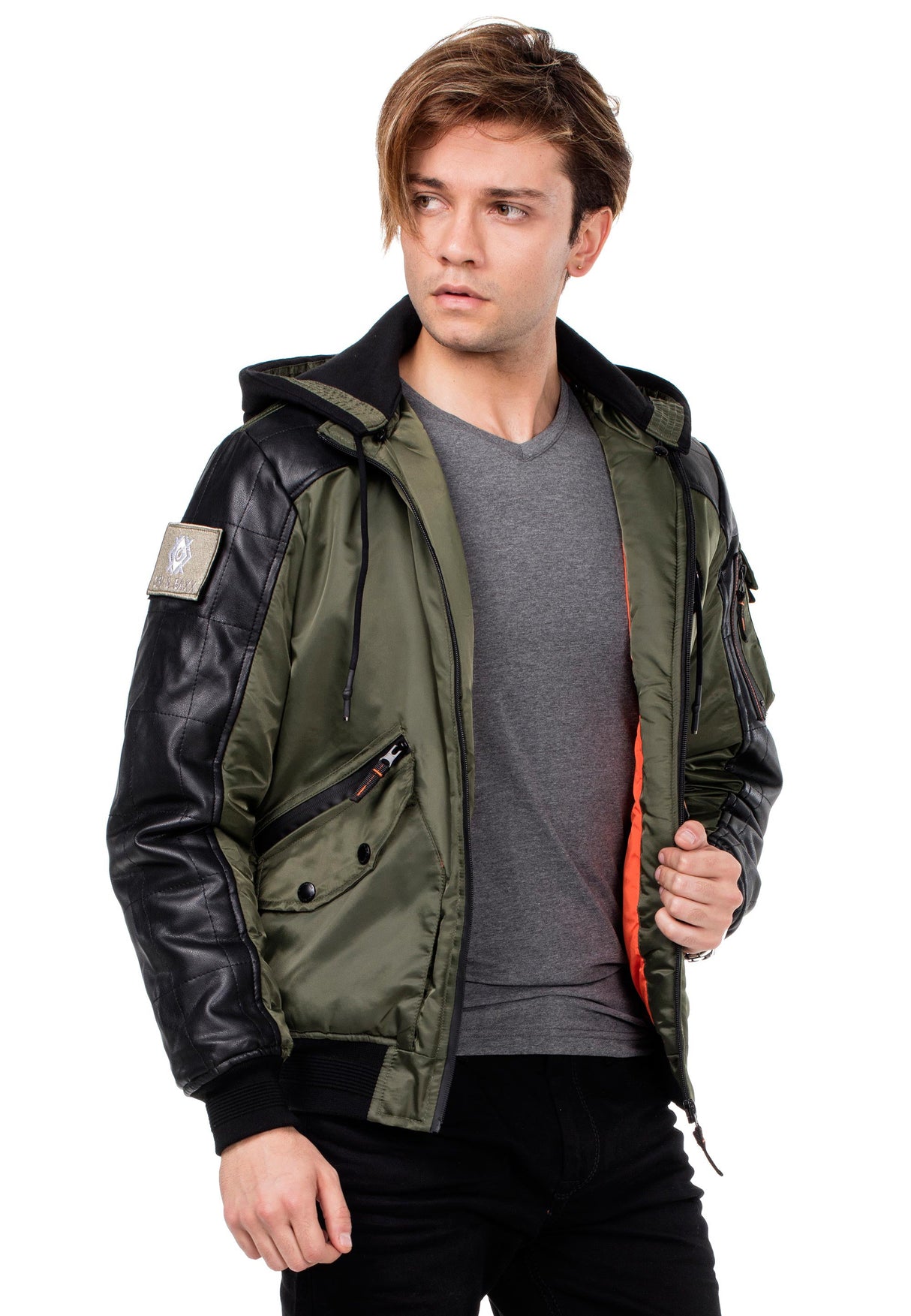 CM134 Men's Winter Jacket – Khaki Hooded Jacket with Black Sleeves & Zipper Details | Functional Streetwear for Cold Days