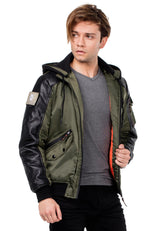 CM134 Men's Winter Jacket – Khaki Hooded Jacket with Black Sleeves & Zipper Details | Functional Streetwear for Cold Days