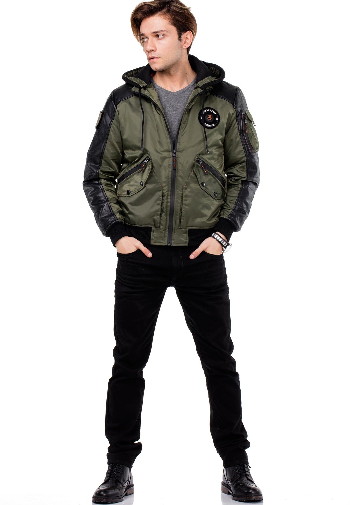 CM134 Men's Winter Jacket – Khaki Hooded Jacket with Black Sleeves & Zipper Details | Functional Streetwear for Cold Days