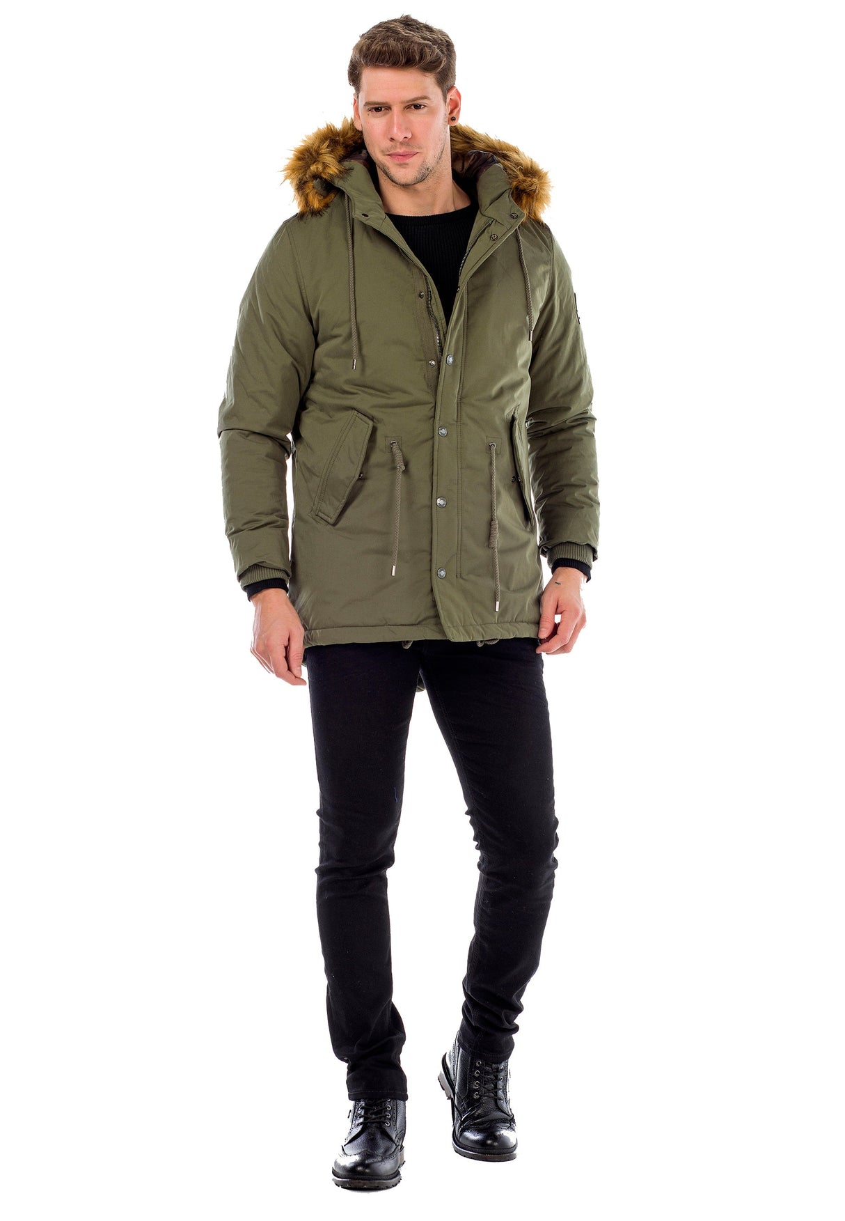 CM150 – Warm, stylish & with a fur-trimmed hood in khaki