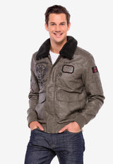 CM164 Men's Winter Jacket – Beige PU Leather Look Jacket with Faux Fur Collar & Patches | Warmly Lined Streetwear for Cold Days