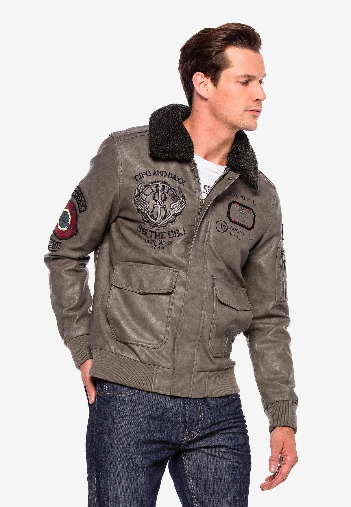CM164 Men's Winter Jacket – Beige PU Leather Look Jacket with Faux Fur Collar & Patches | Warmly Lined Streetwear for Cold Days