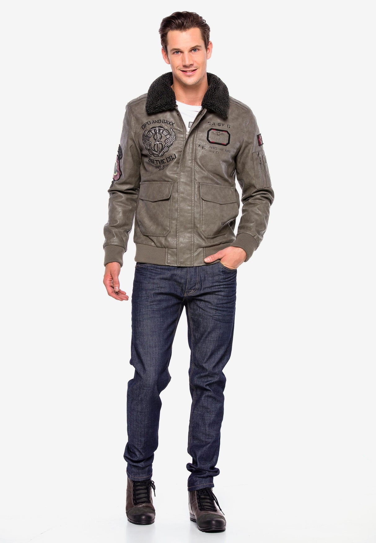 CM164 Men's Winter Jacket – Beige PU Leather Look Jacket with Faux Fur Collar & Patches | Warmly Lined Streetwear for Cold Days