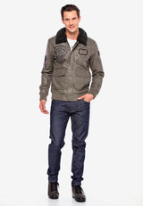 CM164 Men's Winter Jacket – Beige PU Leather Look Jacket with Faux Fur Collar & Patches | Warmly Lined Streetwear for Cold Days