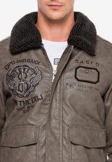 CM164 Men's Winter Jacket – Beige PU Leather Look Jacket with Faux Fur Collar & Patches | Warmly Lined Streetwear for Cold Days