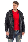 CM148 Men's Winter Jacket – Long cut in PU leather look | With hood & striking patch details