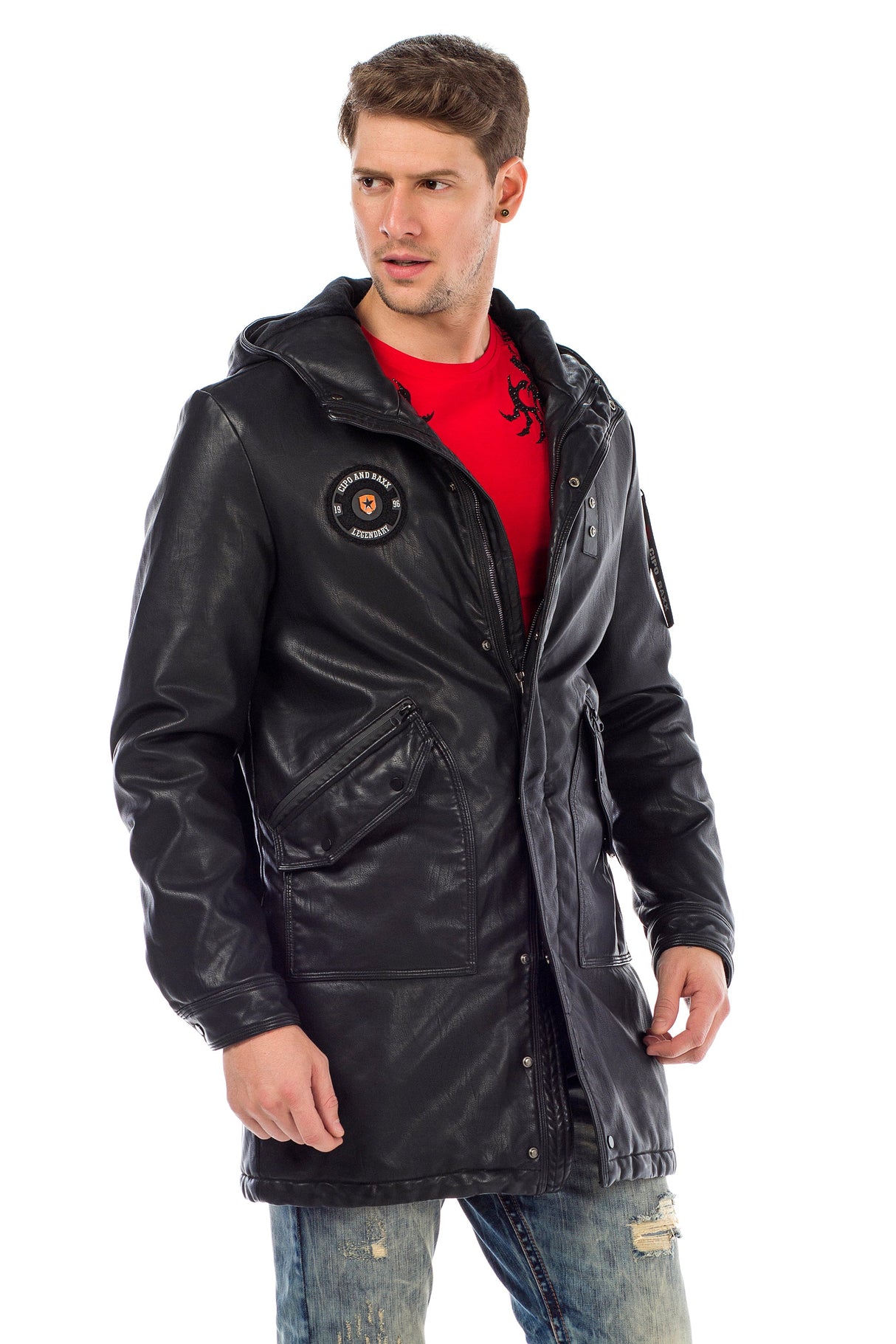 CM148 Men's Winter Jacket – Long cut in PU leather look | With hood & striking patch details