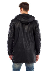 CM148 Men's Winter Jacket – Long cut in PU leather look | With hood & striking patch details